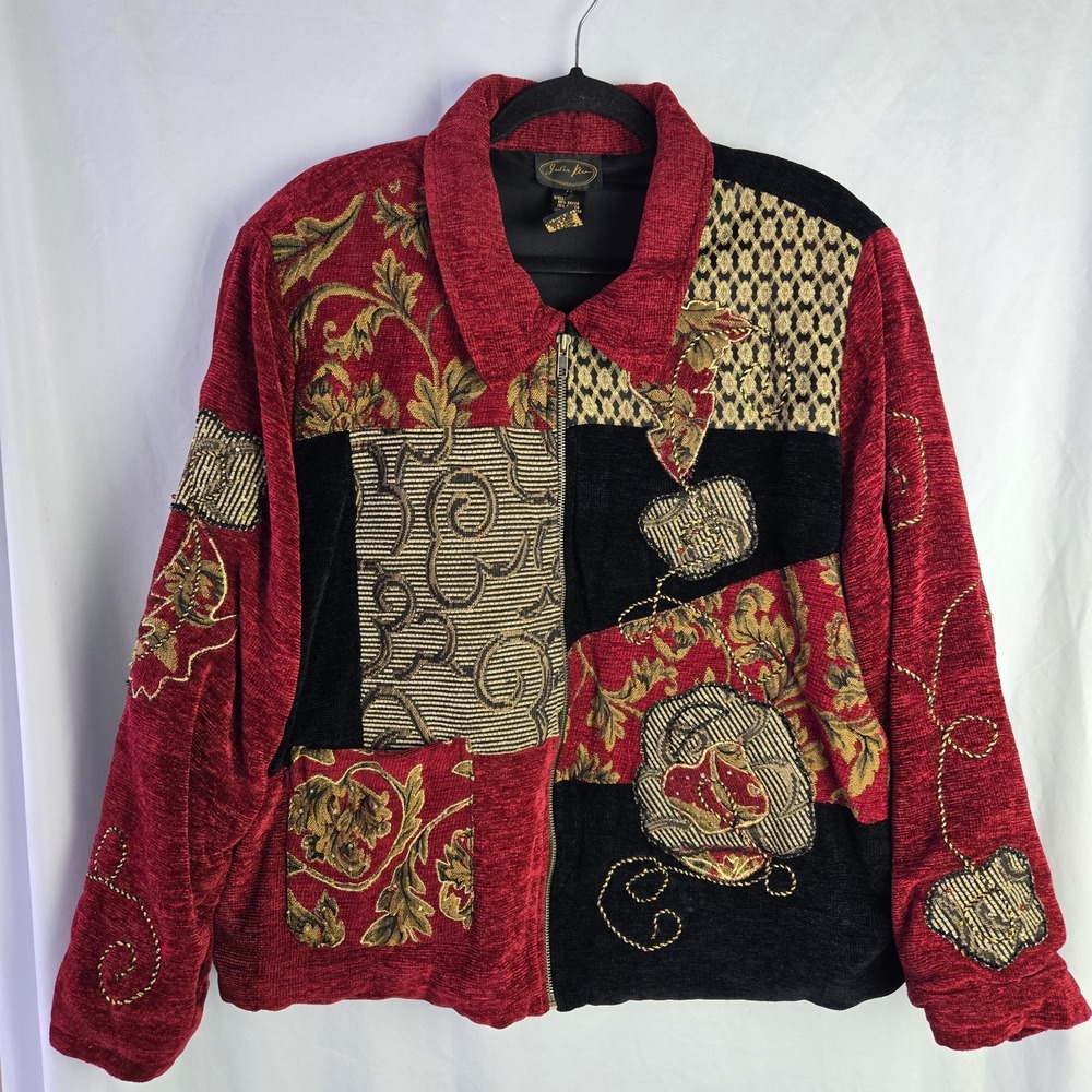 Vintage Julia Kim 3X Artsy Block Patchwork Jacket Embroidered‎ Beaded Boho